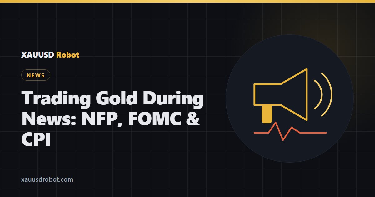 Megaphone with broadcast waves above a volatility spike — trading gold during NFP, FOMC and CPI